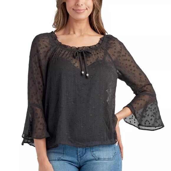 NWT BCX Juniors Round-Neck Sheer Flare-Sleeve Blouse XS - Picture 2 of 10